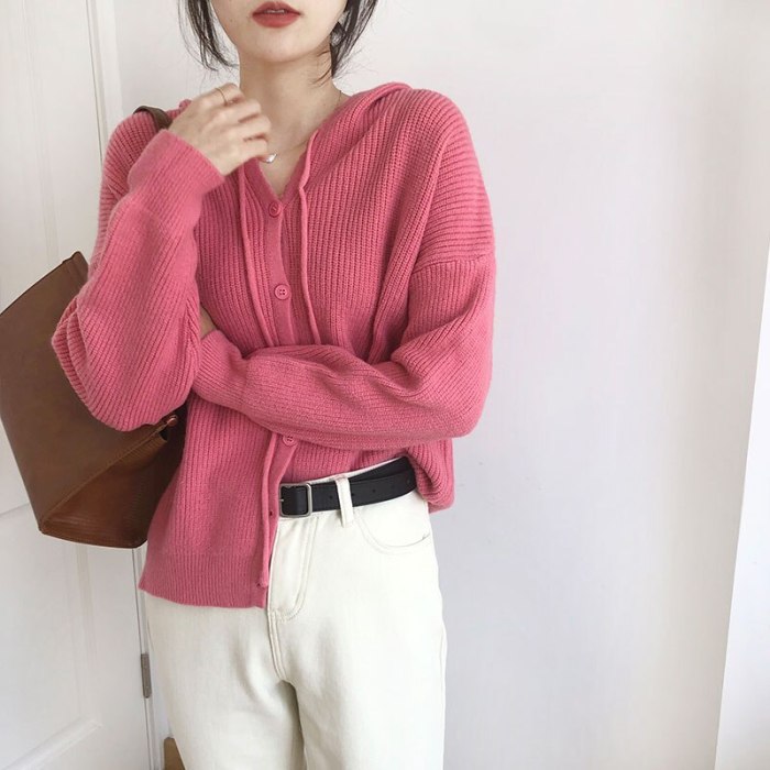 Korean Solid Color Loose Hooded Knitted Cardigan Women Oversized 2021 New All Match Knit Coat Female Casual Sweaters