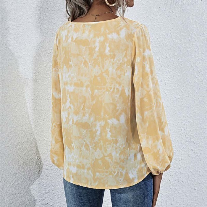 Tie Dye Long Sleeve Blouse Women 2021 Summer V Neck Laced-up Plus Size Shirts Casual Pullover Tops Ladies Elegant Blouses