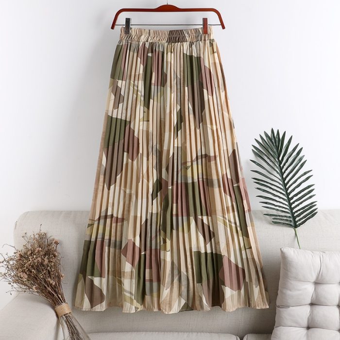 2021 New Vintage Geometric Printed Tulle Pleated Women's Mi-Long Skirts High Waist Female Umbrella Skirts Spring Summer