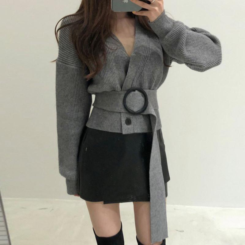 streetally Chic double-breasted knit cardigan women 2020 autumn winter long sleeve solid Retro v-neck belt sweater female office