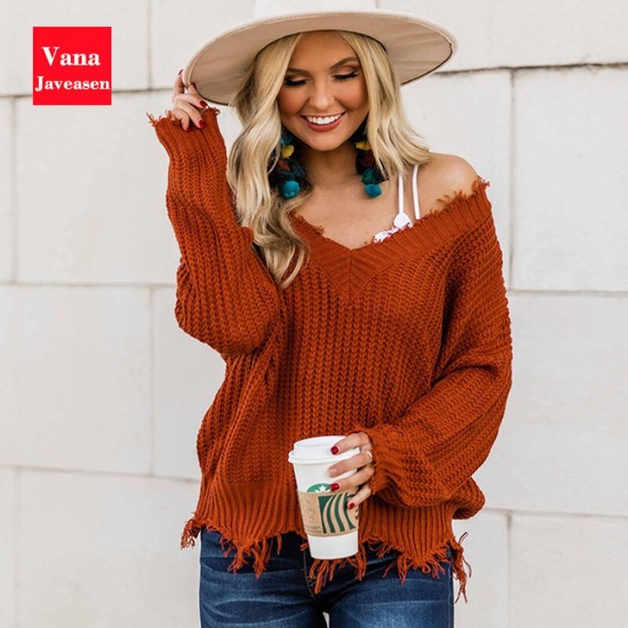 Off Shoulder Fringe Distressed Knitted Pullover Sweaters