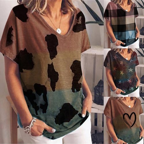 2021 Womens Fashion Gradient Color Printing Short-sleeved T-shirt Ladies Casual Large Size Loose T-shirt Daily blusas y camisas