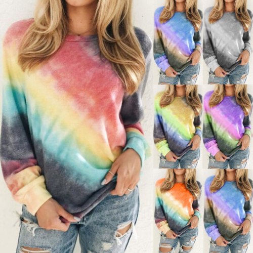 Gradient Color Print Women Autumn T-Shirt Loose Casual Clothes for Women Oversized Long Sleeve Tops O Neck Tees Roupas Femininas