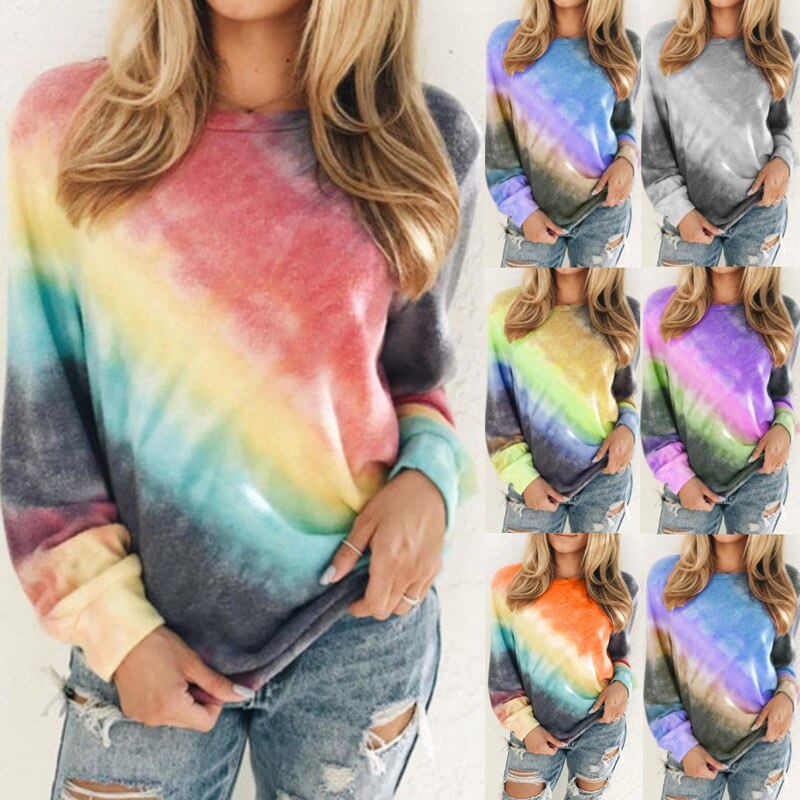 Gradient Color Print Women Autumn T-Shirt Loose Casual Clothes for Women Oversized Long Sleeve Tops O Neck Tees Roupas Femininas