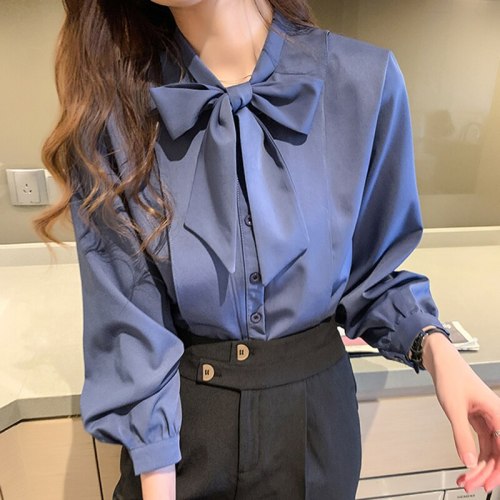 Bow White Blouse Women 2021 Button Office Lady Long Sleeve Blue Chiffon Shirt Autumn Tops Woman Clothes Pocket Womens Shirts