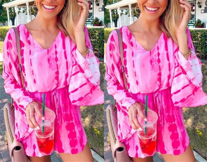 2021 Autumn Spring Casual New Tie-dye Baggy V Neck Long Sleeve Lace-Up Women Playsuit Jumpsuit Bright Pink Shorts Beach Rompers