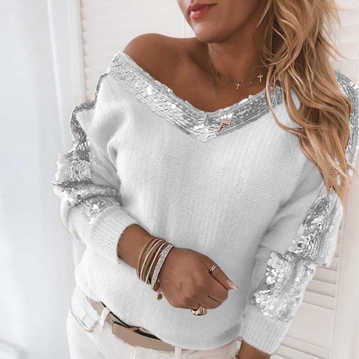 Women V Neck Sequined Sweaters Long Sleeve Casual Pullover