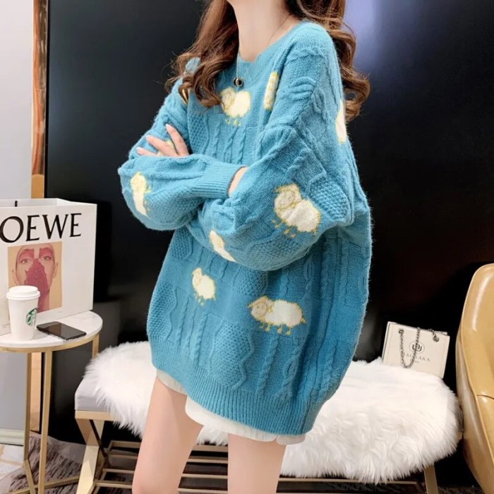 Women's Cartoon Sheep Print Sweater Loose O Neck Knitted Pullover