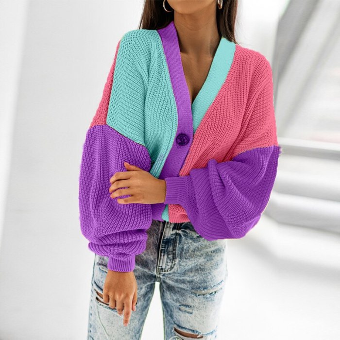 Sexy V Neck Button Women's Cardigan Tops Casual Colorful Patchwork Loose Knit Sweater Autumn Winter Long Sleeve Knitted Sweaters
