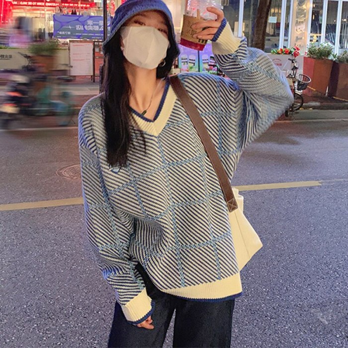 Fashion Chic Purple Striped Knitted Pullovers Women's Autumn 2021 New V-neck Loose Long Sleeve Sweater Female Tide 16E2834