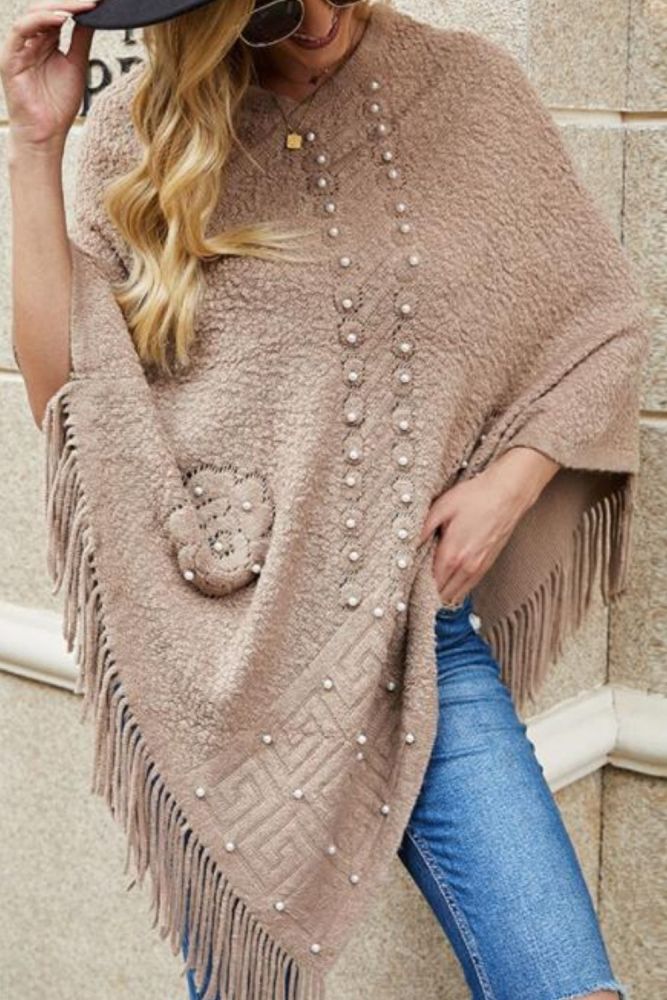 Tassel Design Beading Knitted Shawl Cloak Tops Women Casual Ponchos and Capes