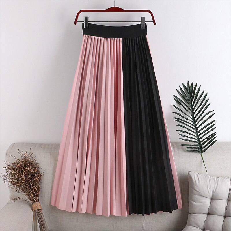 High waist slimming elastic waist knitted fabric striped pleated skirt spring color matching mid-length half-length female skirt