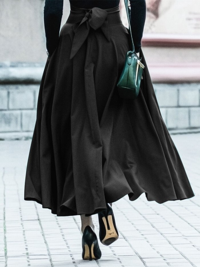 2021 Women Slit Long Maxi Skirt Vintage Ladies Fashion Pleated Flared Pockets Lace Up Bow Plus Size 4XL