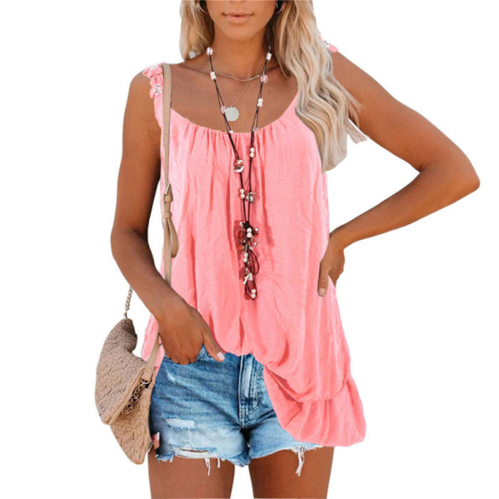 Women Summer Sleeveless Tank Top Lace Sling Plain Double Stitching Blouse Casual