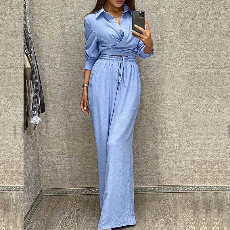 2021 Elegant Solid Lapel Button Down Shirts + Wide Leg Pant Outfit Office Lady Fashion Long Sleeved Homewear Solid Two Piece Set