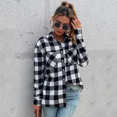 2021 Autumn New Women Long Sleeve Black And White Plaid Casual Shirt Lady Turn-Down Collar Slim Fashion Jacket