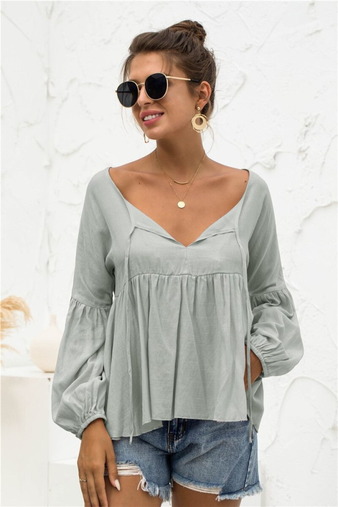 Women's Blouses Solid Color Shirts Patchwork V-Neck Long Lantern Sleeve Tops Women's Clothing 2021 Casual Blusas Femme Y2k Top