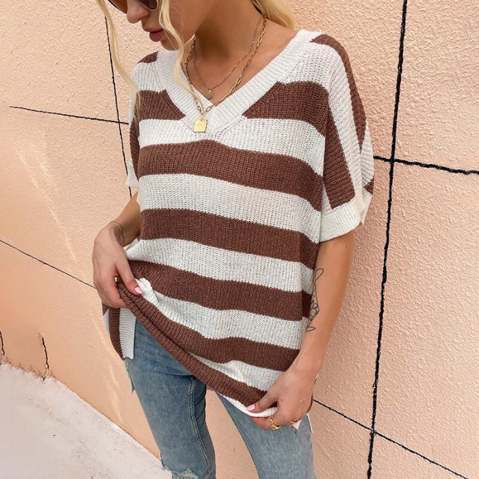 Women Sweater Striped Print V Neck Knitted Casual Loose Top Female Short Sleeve Fashion Pullovers Lady Jumper