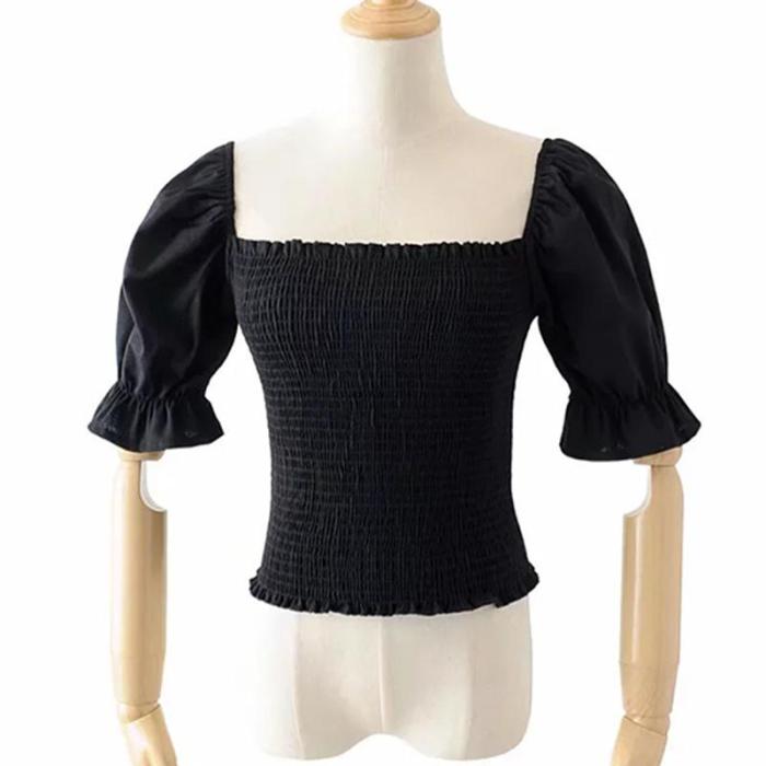 French Elastic Pleated Top Square Collar Blouses