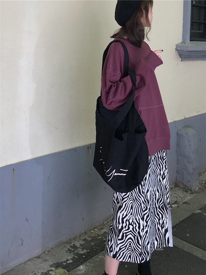 Women Zebra Print Knitted Skirt Straight-Fit Elastic Waist Back Split Midi Length Vintage Ladies Outfits