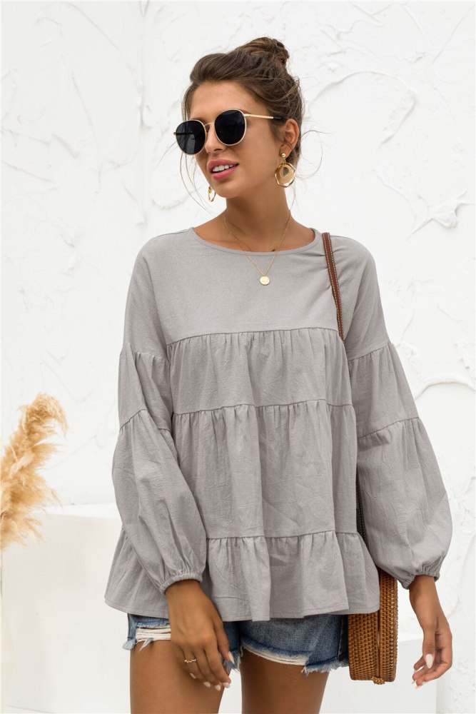 New Autumn Women Casual O-neck Latern Sleeve Loose T-shirt Hollow Out Solid Pullover Top