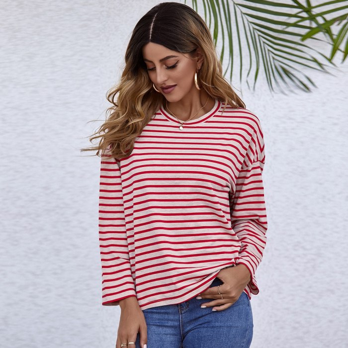 2021 New Spring Autumn Tops Women Striped T Shirt Casual Long Sleeve Oversized Loose Tee Shirt Fashion Ladies Top Tees