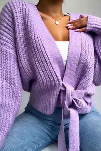 Women's Lace Up Bow Sweater Lattern Sleeve Loose Cardigan