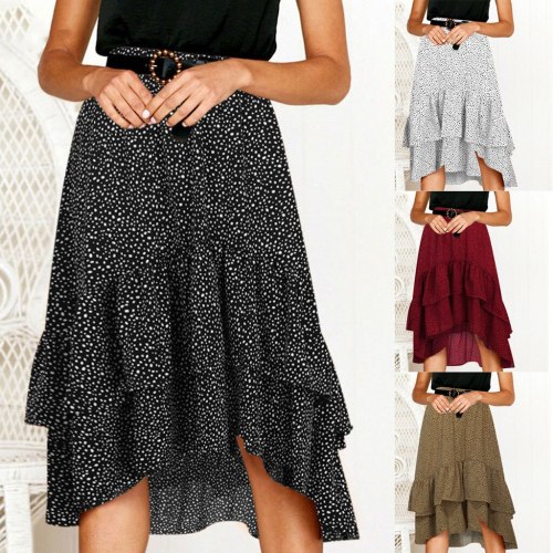 2021 Fashion High Waist Flounce Beach Women Skirts Polka Dot Feminino Summer Skirts Ruffles Asymmetrical Elegant Midi Skirt