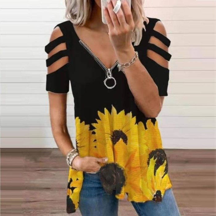 2021 Spring Summer Fashion V-Neck Zipper Blouses Shirts Women Elegant Solid Hollow Out Pullover Tops Ladies Casual Loose Blusa