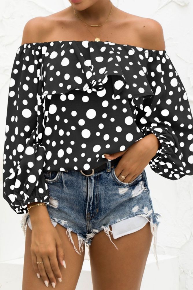 New Sexy Off Shoulder Crop Tops Women Autumn Polka Dot Print Puff Long Sleeve Shirts Lady Casual Slash Neck Ruffle Beach Blouse