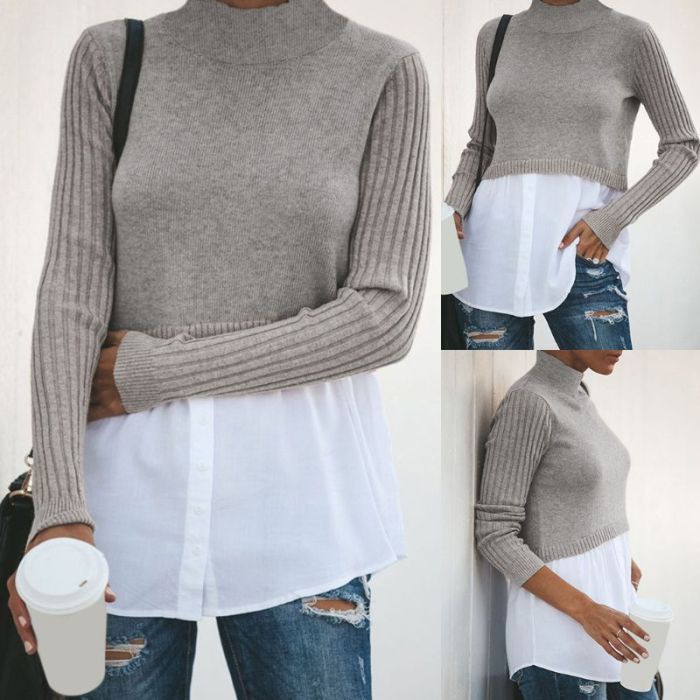Women Autumn 2 In 1 Patchwork Pullover Tops Ribbed Knitted Long Sleeve Sweater Button Down Layered Shirt Office Lady Jumper