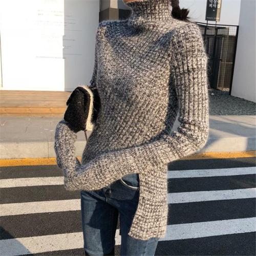 Fashion High Collar Pure Color Show Thin Knit Sweater Blouse