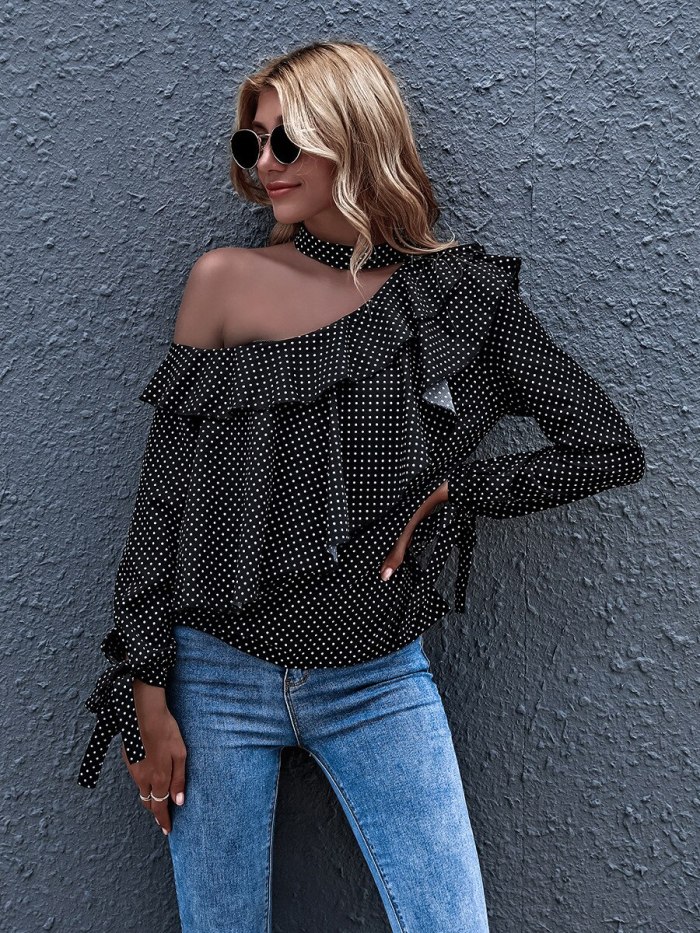 Ruffles Polka Dot Shirts for Women Sexy Tops Off Shoulder Top Long Sleeve Skew Collar Casual Spring Autumn