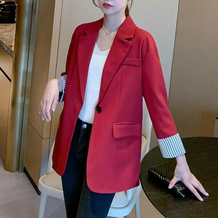 2020 New Grey Black Red Pink Blazer Women Solid Color Thin Pocket Spring Autumn Jackets Office Casual Loose Korean Blazer Female