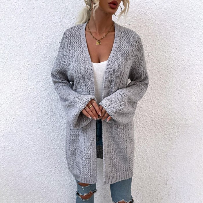 2021 autumn and winter new European and American solid color knitted cardigan mid-length sweater women plus size cardigan