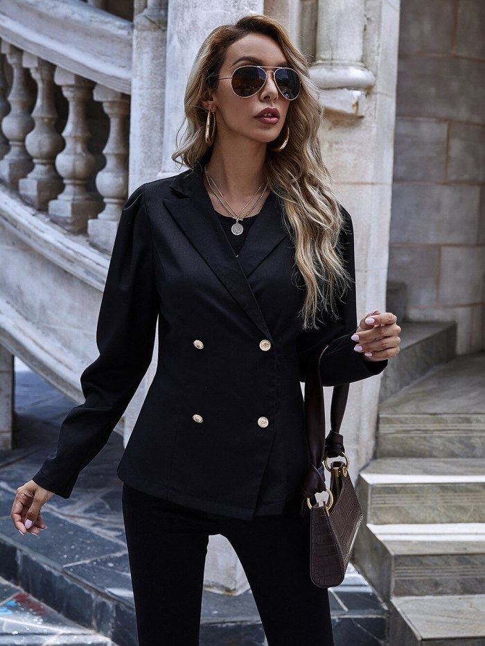 2021 Woman Coat Autumn Winter Slim Long Sleeve Turn Down Collar Double Breasted Casual