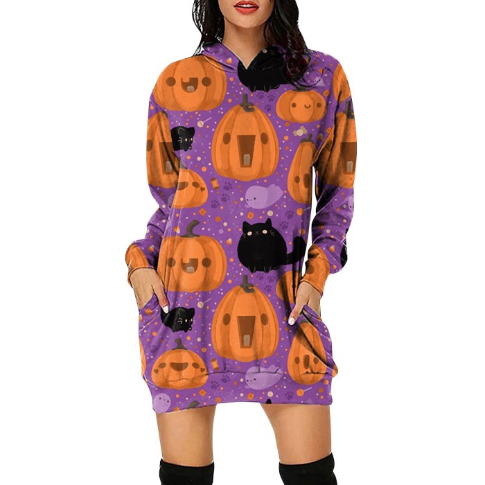 Halloween Cartoon Pumpkin Print Sweatshirts Dress Women Hooded Pocket Long Sleeve Pullover Mini Dress Autumn Casual Hooded Dress