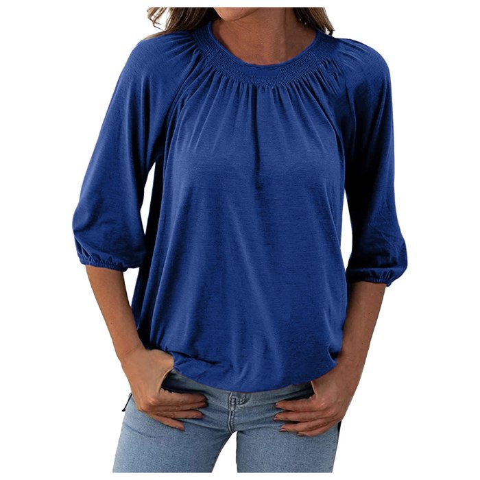 Aesthetic Clothes Tee Shirt Femme Tops Women Fashion Solid Round Neck T Shirt 3/4 Sleeve Loose Pleated Tops Camisetas De Mujer