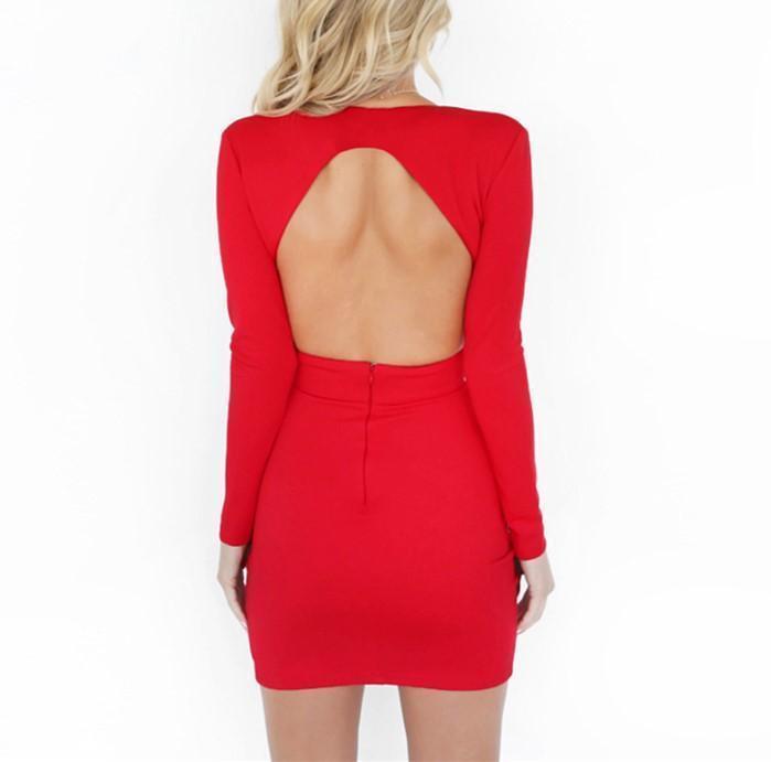 Sexy Deep V Neck Backless Pure Color Bodycon Dress