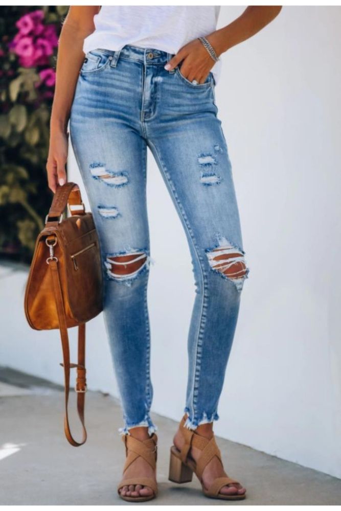 New Mid Waist Skinny Jeans Women Vintage Distressed Denim Pants Holes Destroyed Pencil Pants Casual Trousers Summer Ripped Jeans