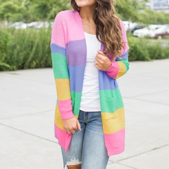 Plus Size Cardigan Womens Patchwork Long Sleeve Rainbow Stripe Cardigan Tops Sweater Coat Winter Sweater Women Кофта Женская#N-5