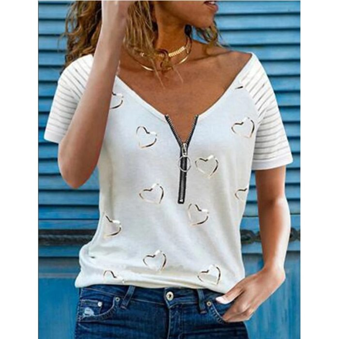 Women's Printed T Shirt V Neck Zipper Casual Loose Short Sleeve Top Summer Fashion Sexy Plus Size Clothing