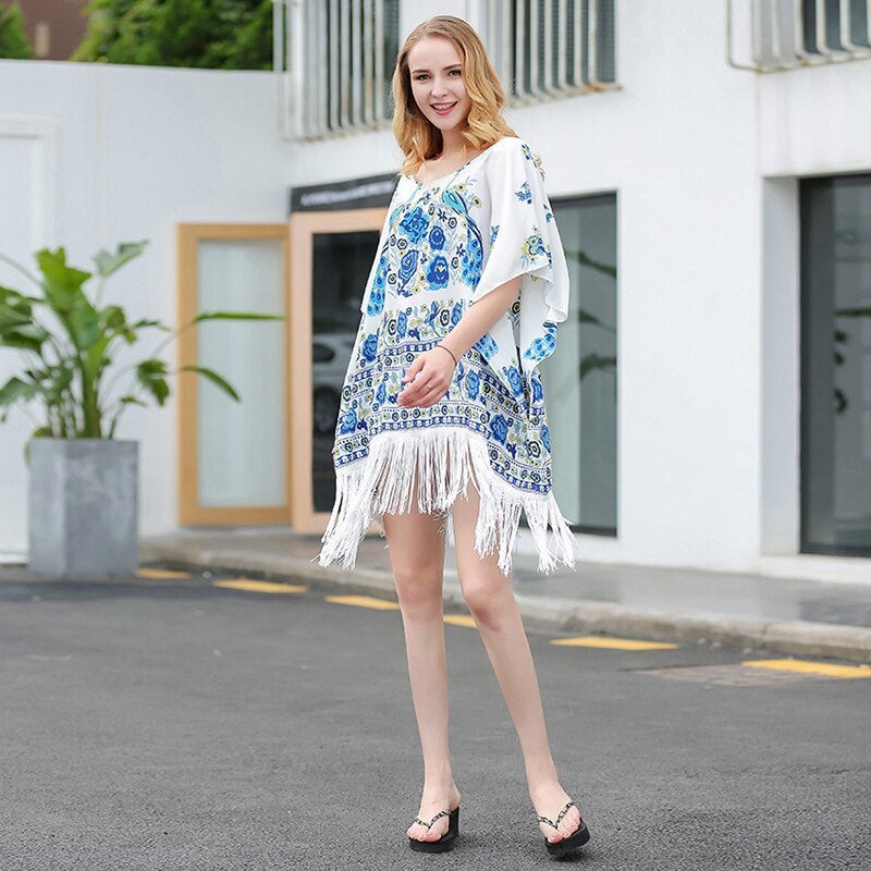 Fashion Sexy Women Summer Floral Printed Long Bikini Chiffon Shirt Sunscreen Cardigan Beach Smock Fringe Cape