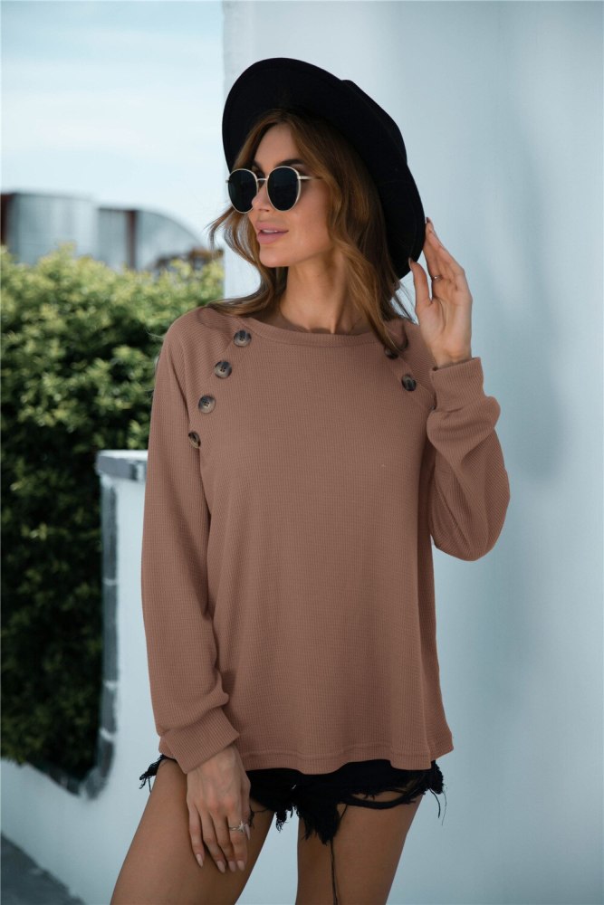 Casual Loose Pullover Top 2021 Autumn And Winter New Solid Color Round Neck Button Decoration Long-sleeved Knitted Tops Women