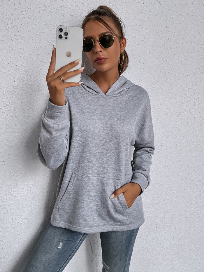 Women Fashion O-neck Solid Color Hood Pocket Long Sleeves Sweater Tops