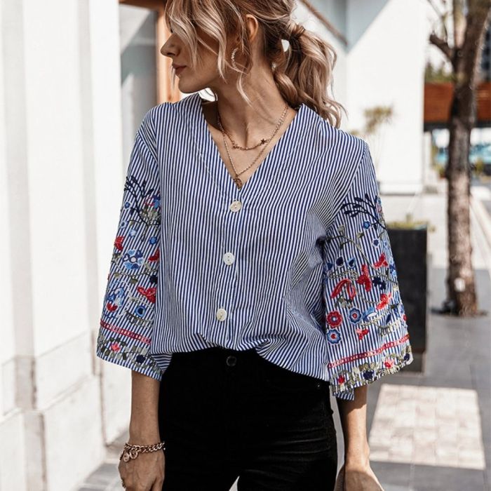 Floral Embroidery Blouse Shirt Long Flare Sleeve V-neck Button Front Linen Sping Autumn Women Tops