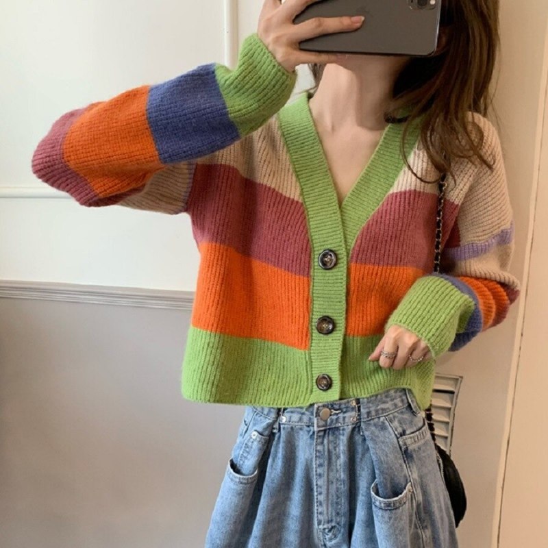 Color Striped Sweater Autumn and Winter New Women's Jacket Small Fragrance Rainbow Contrast Color Knitted Cardigan Women's Top