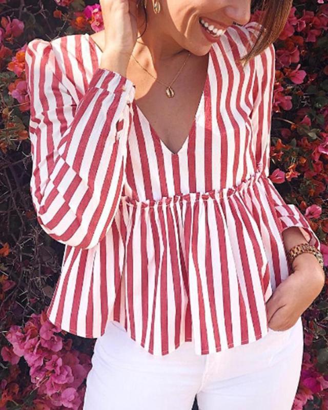 V Neck Striped Smocked Top