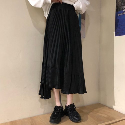 Spring Autumn Fashion Women's High Waist Pleated Solid Color Half Length Elastic Skirt Promotions Lady Black White
