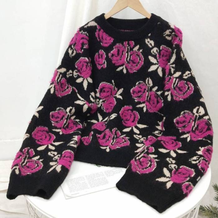 Retro floral sweater ladies spring and autumn new knit top O-neck long-sleeved retro loose pullover Sueter Mujer